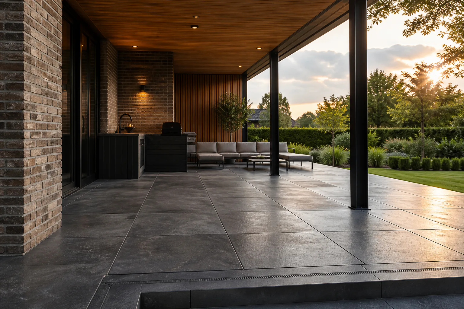 Überdachte Terrasse mit großformatigen dunklen Außenfliesen